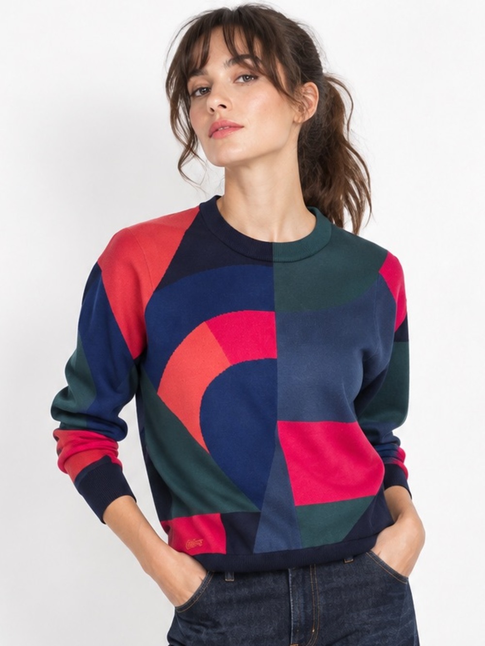 Lacoste Multicolor Geometric Colorblock Crewneck Sweater Size 38